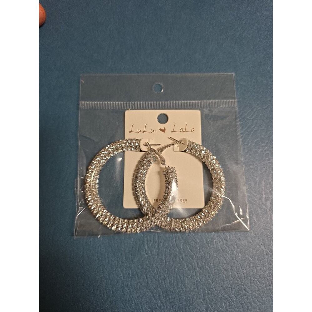 Lulu Lala Rhinestone Hoop Silver Earrings